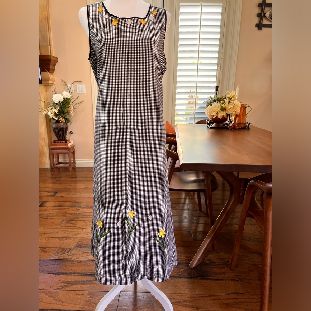 Vintage Gingham Cotton Shift Dress Floral Applique Cottagecore Milkmaid Midi M